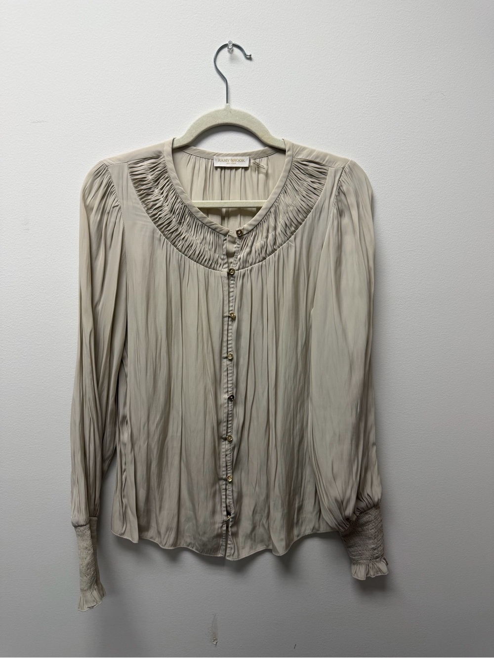 Ramy Brook Ivory Gathered Yoke Button-Down Blouse